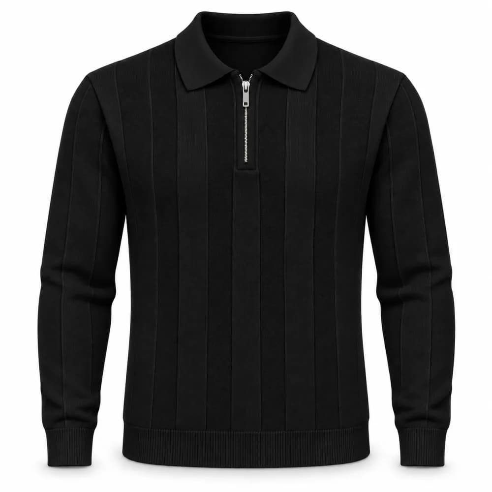 Erkek Yarım Fermuarlı Polo Yaka Triko Kazak - Siyah