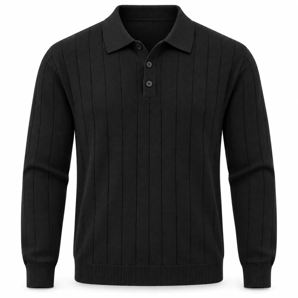 Erkek Düğmeli Polo Yaka Triko Kazak - Siyah