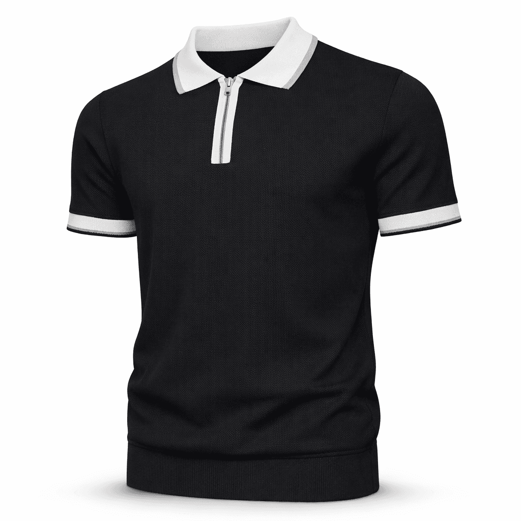Erkek Fermuarlı Triko Polo Tişört Siyah