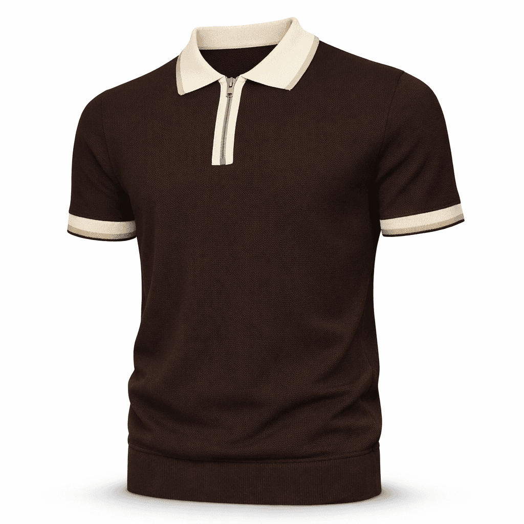 Erkek Fermuarlı Triko Polo Tişört Kahverengi