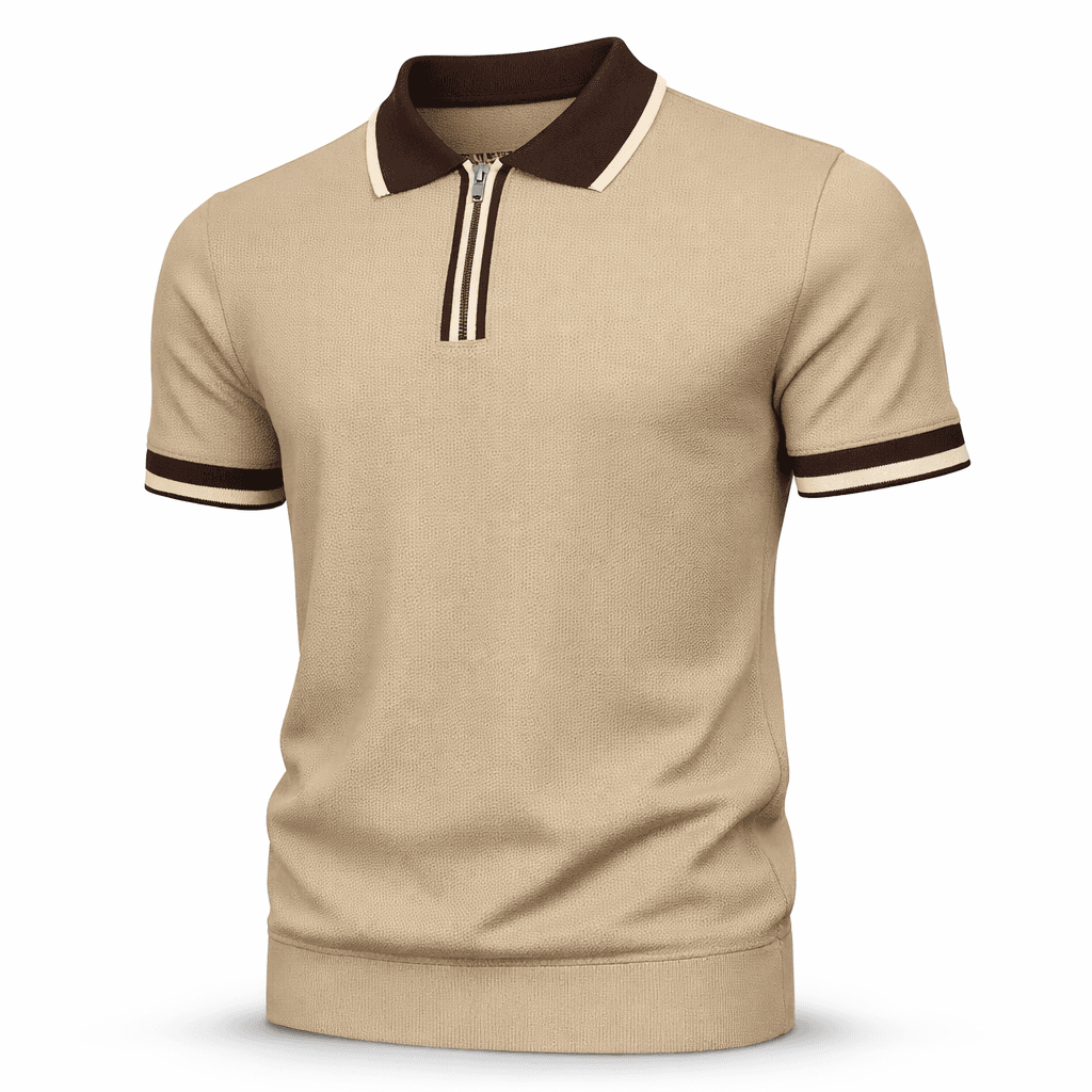 Erkek Fermuarlı Triko Polo Tişört Bej