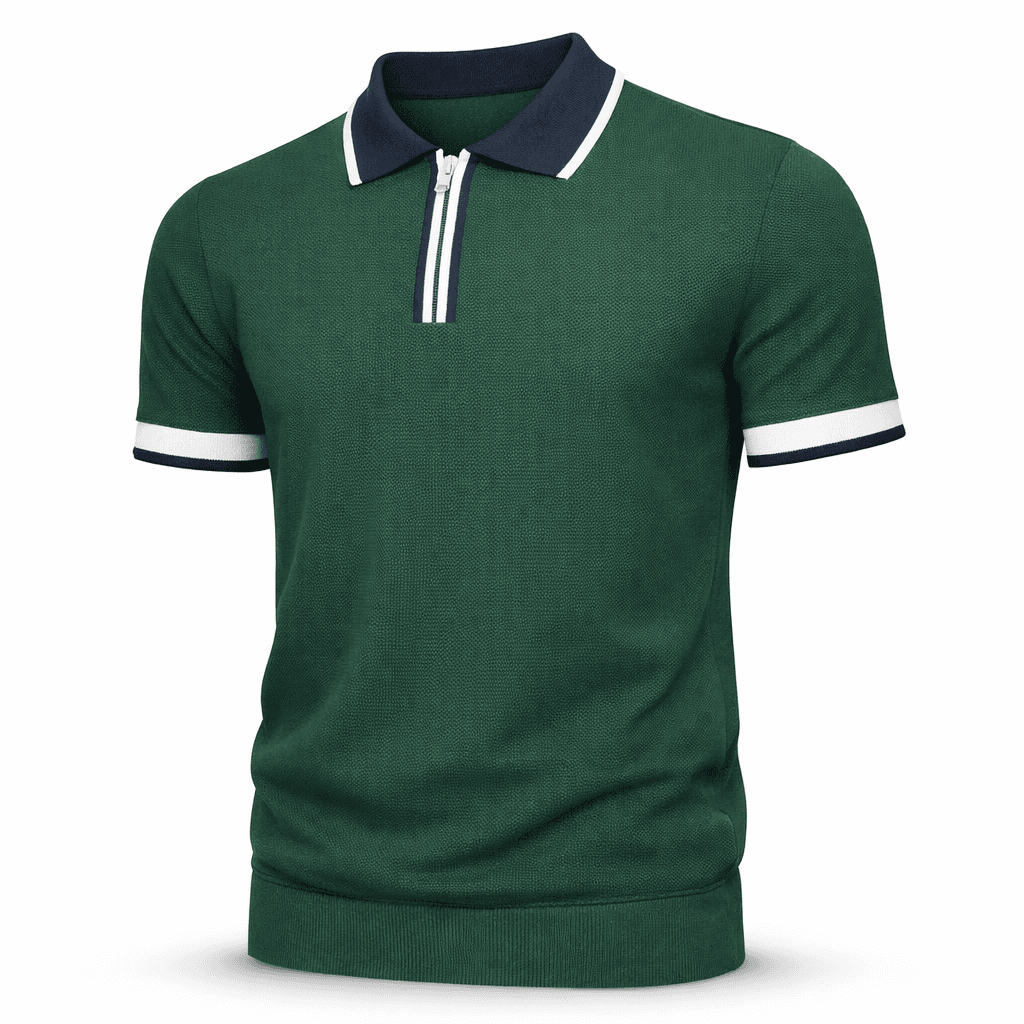 Erkek Fermuarlı Triko Polo Tişört Yeşil