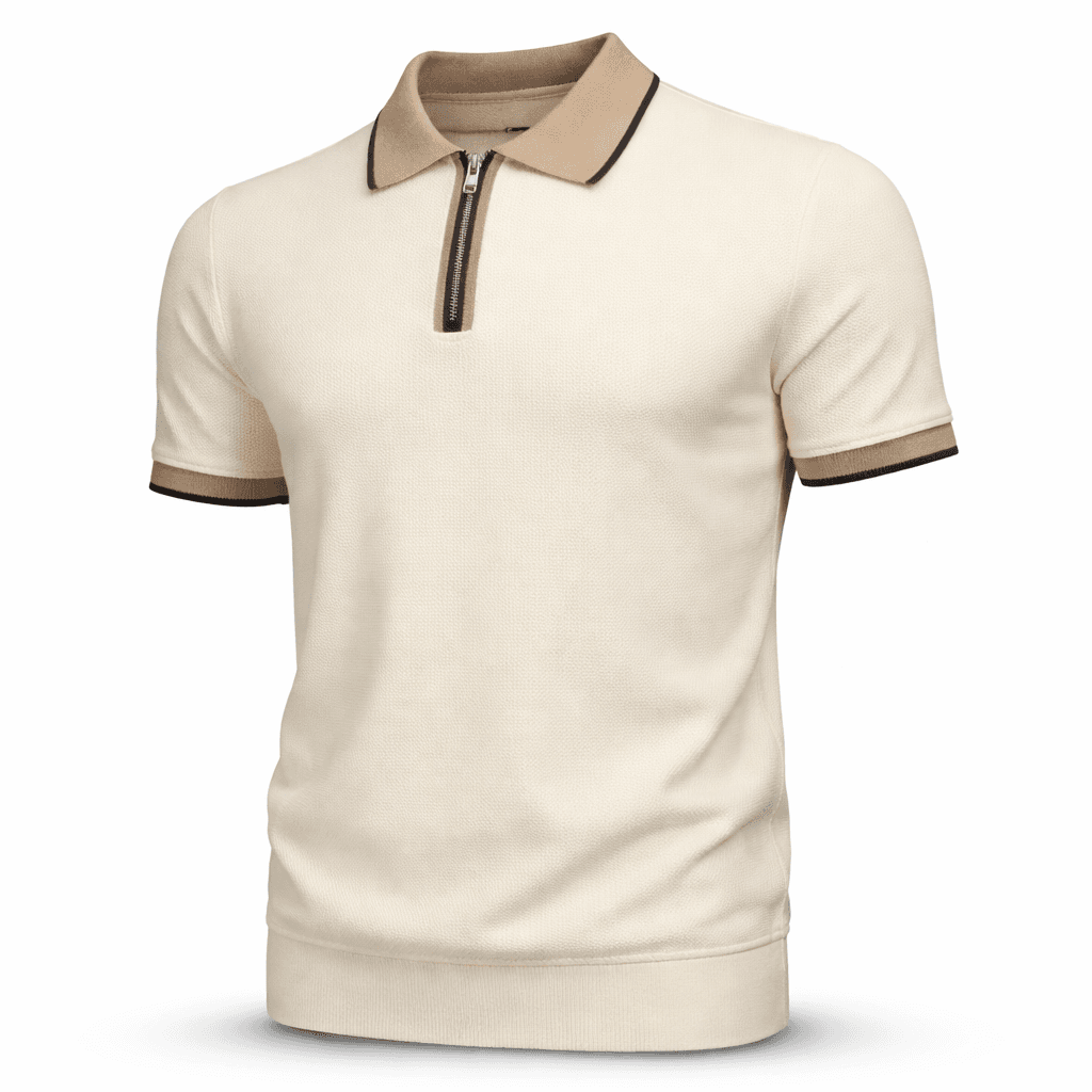 Erkek Fermuarlı Triko Polo Tişört Krem