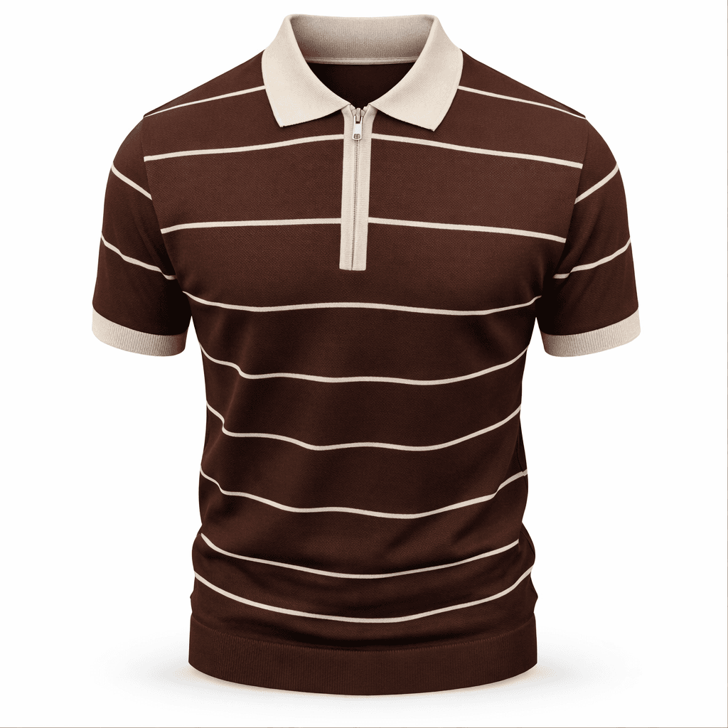 Erkek Çizgili Fermuarlı Triko Polo Tişört Kahverengi