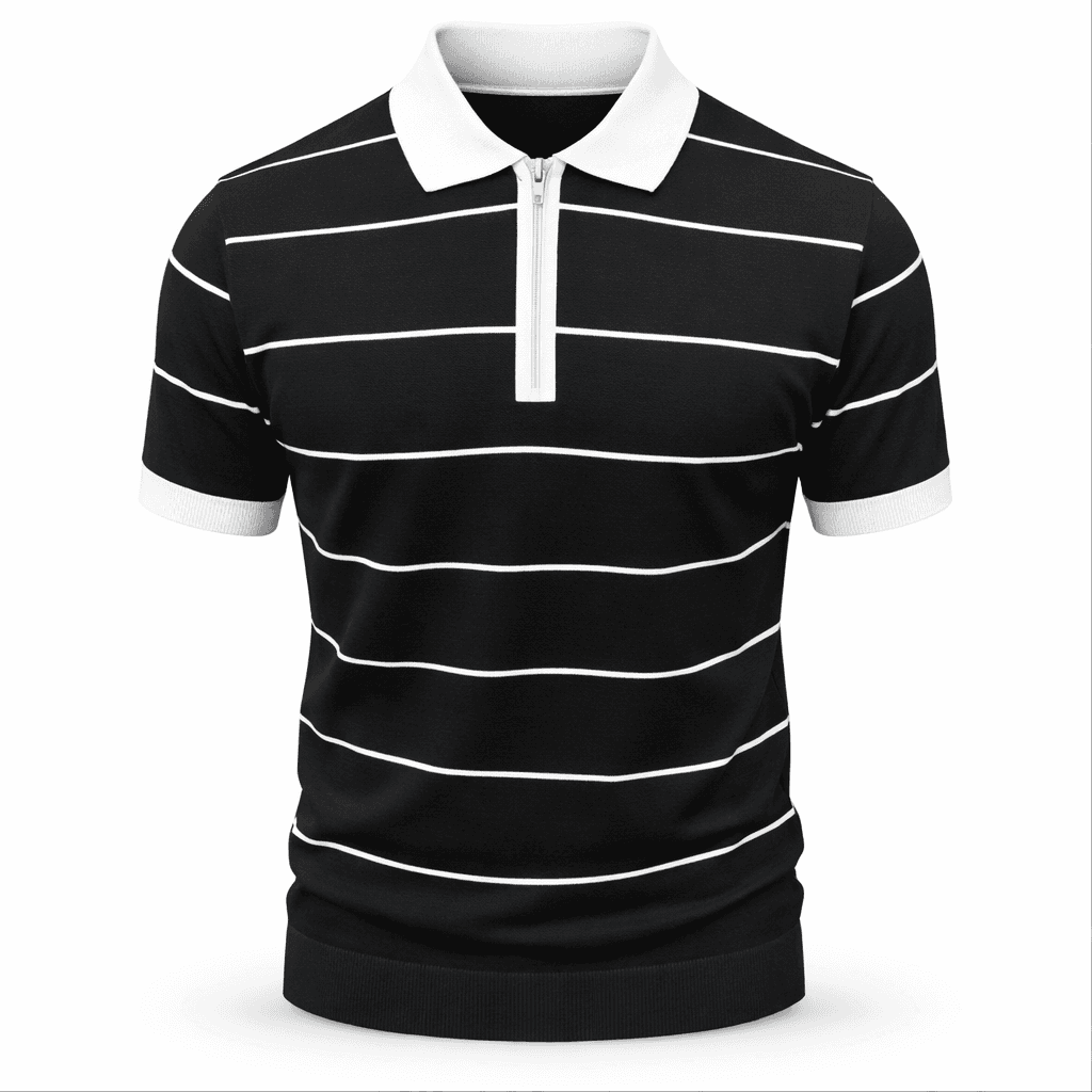 Erkek Çizgili Fermuarlı Triko Polo Tişört Siyah