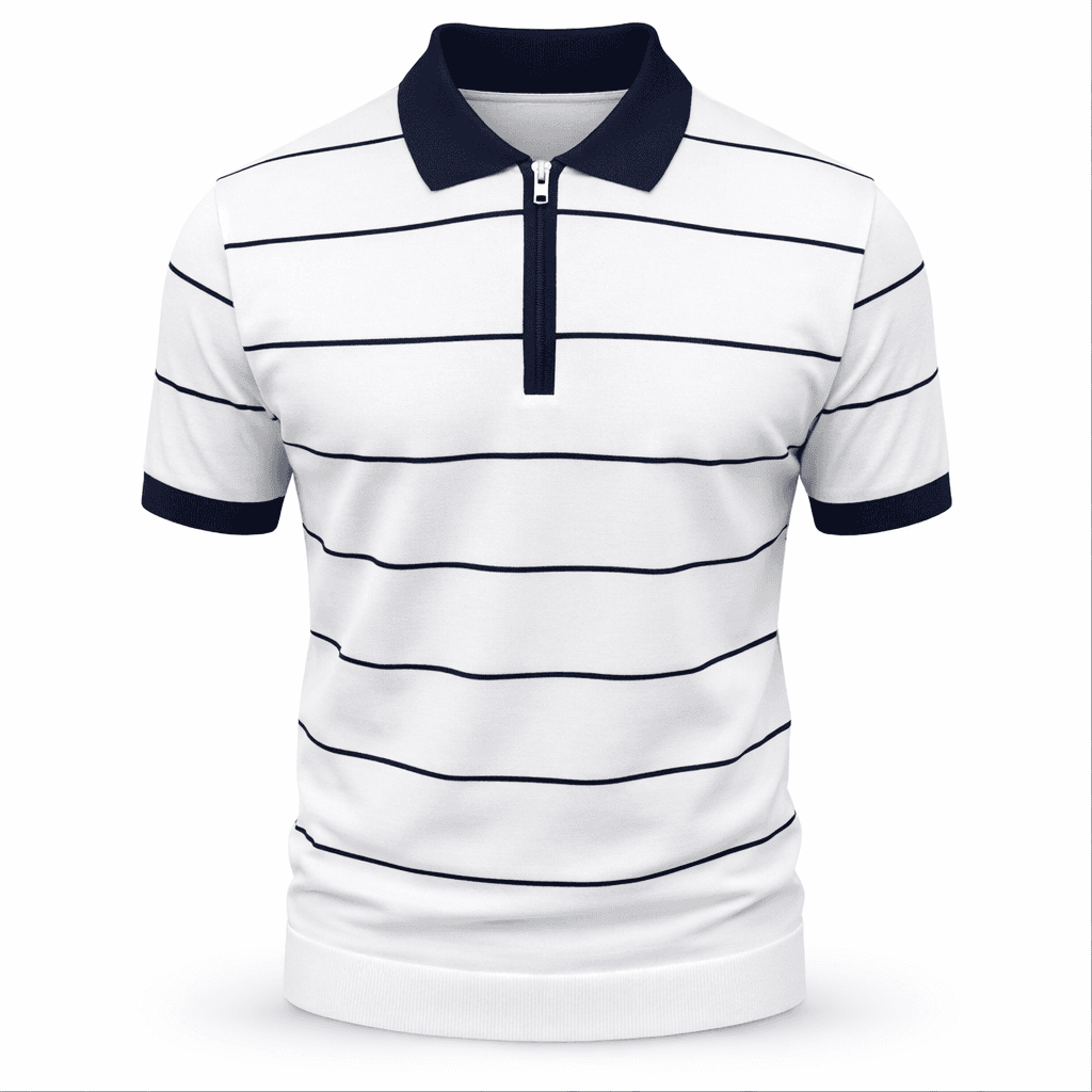 Erkek Çizgili Fermuarlı Triko Polo Tişört Beyaz-Lacivert