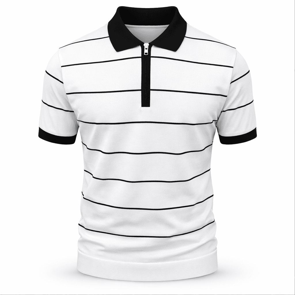 Erkek Çizgili Fermuarlı Triko Polo Tişört Beyaz-Siyah