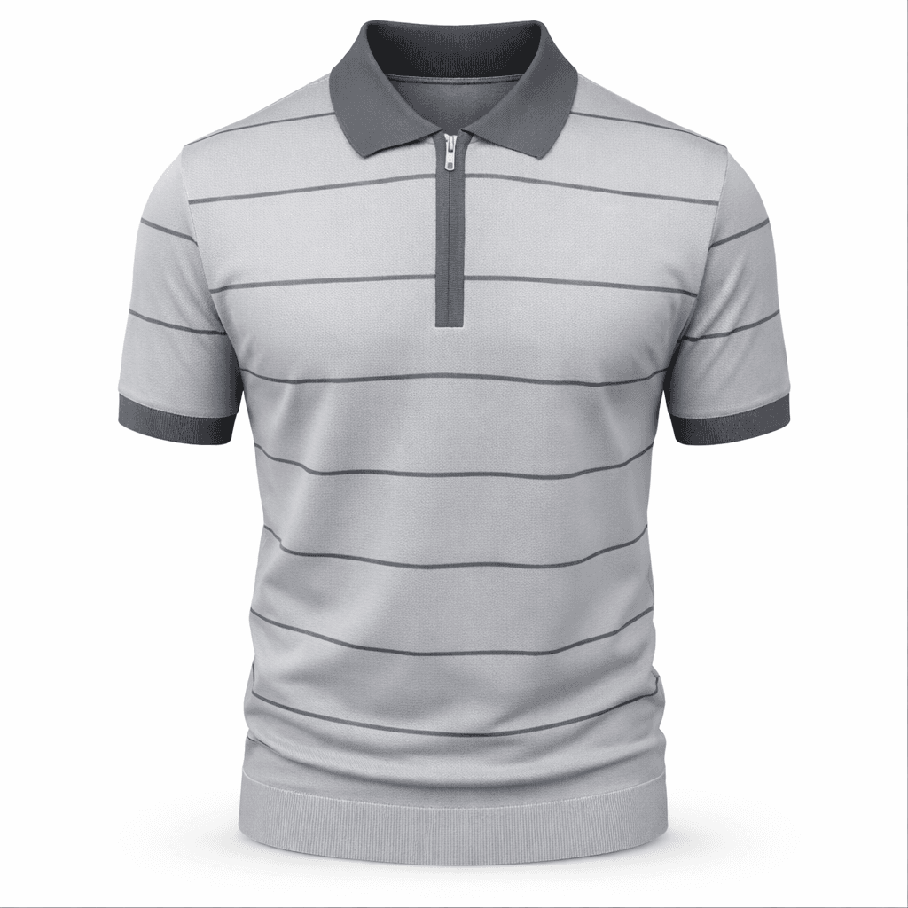 Erkek Çizgili Fermuarlı Triko Polo Tişört Gri