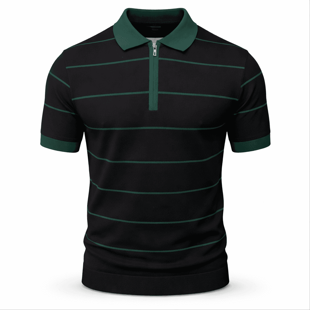 Erkek Çizgili Fermuarlı Triko Polo Tişört Siyah-Yeşil
