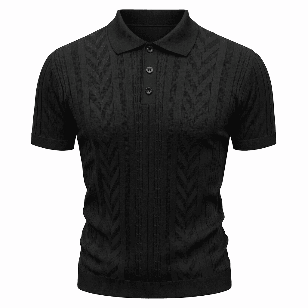 Erkek Örgü Desenli Triko Polo Tişört Siyah