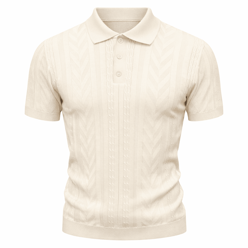 Erkek Örgü Desenli Triko Polo Tişört Krem