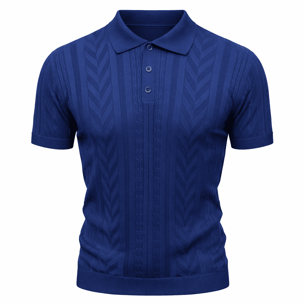 Erkek Örgü Desenli Triko Polo Tişört Saks Mavisi