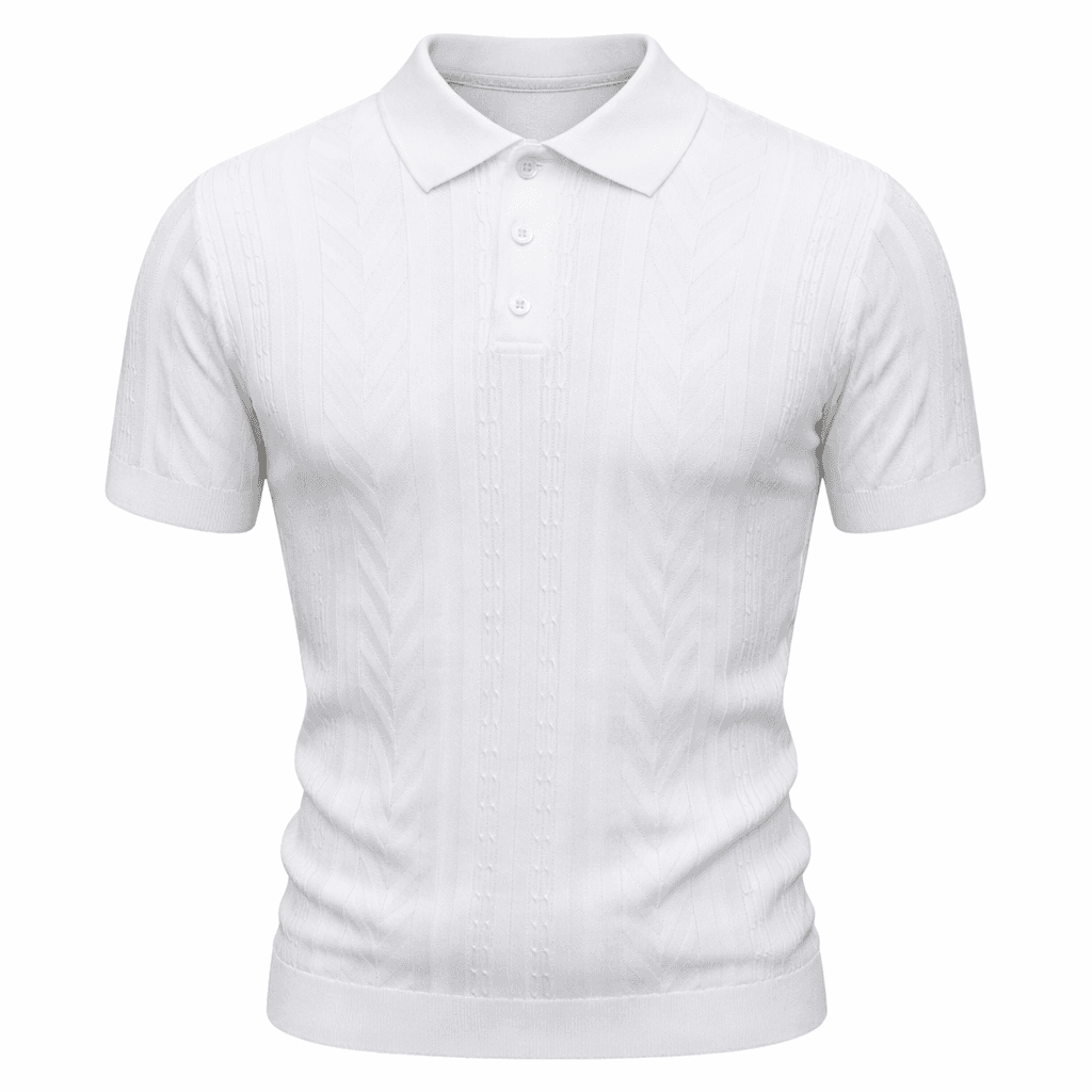 Erkek Örgü Desenli Triko Polo Tişört Beyaz