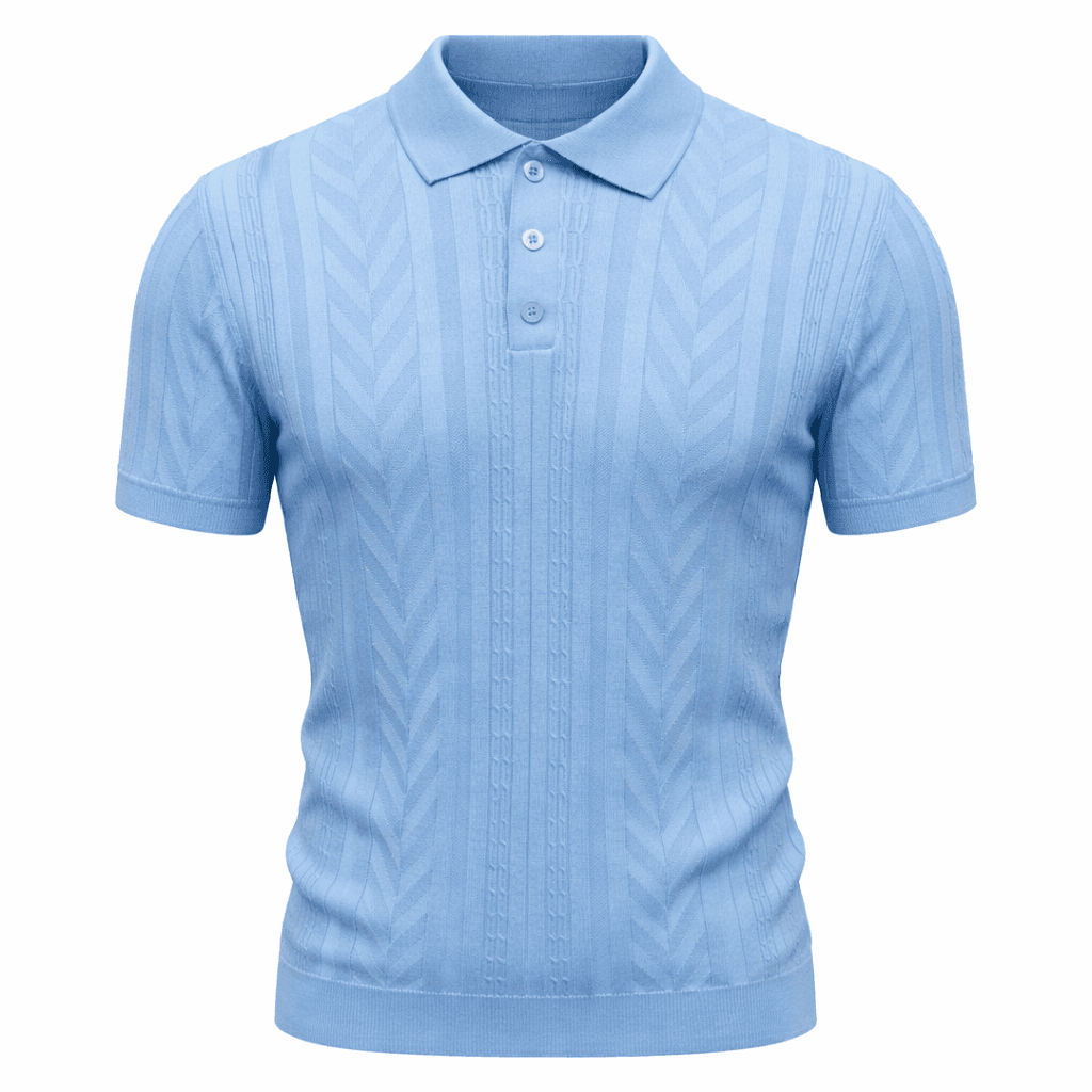 Erkek Örgü Desenli Triko Polo Tişört Mavi