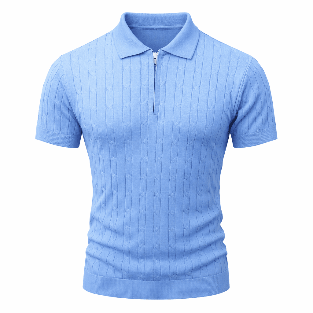 Erkek Fermuarlı Saç Örgü Triko Polo Tişört Mavi