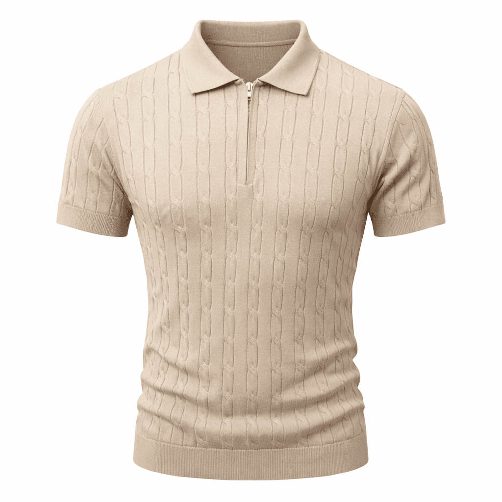 Erkek Fermuarlı Saç Örgü Triko Polo Tişört Bej