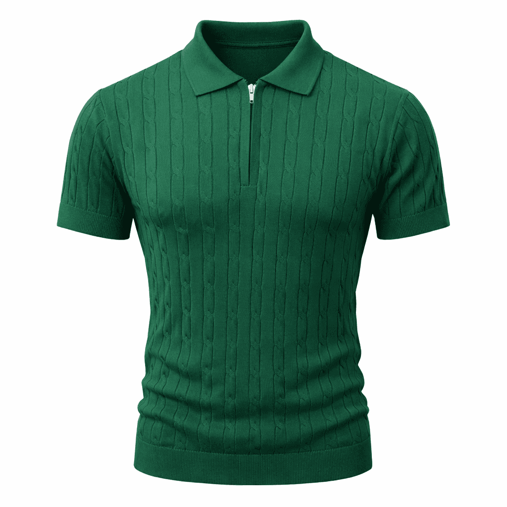 Erkek Fermuarlı Saç Örgü Triko Polo Tişört Yeşil