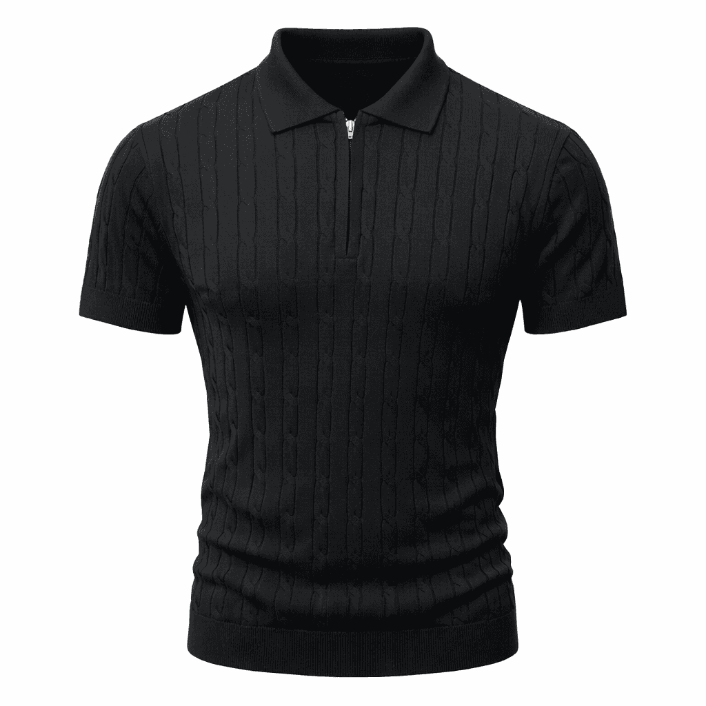 Erkek Fermuarlı Saç Örgü Triko Polo Tişört Siyah