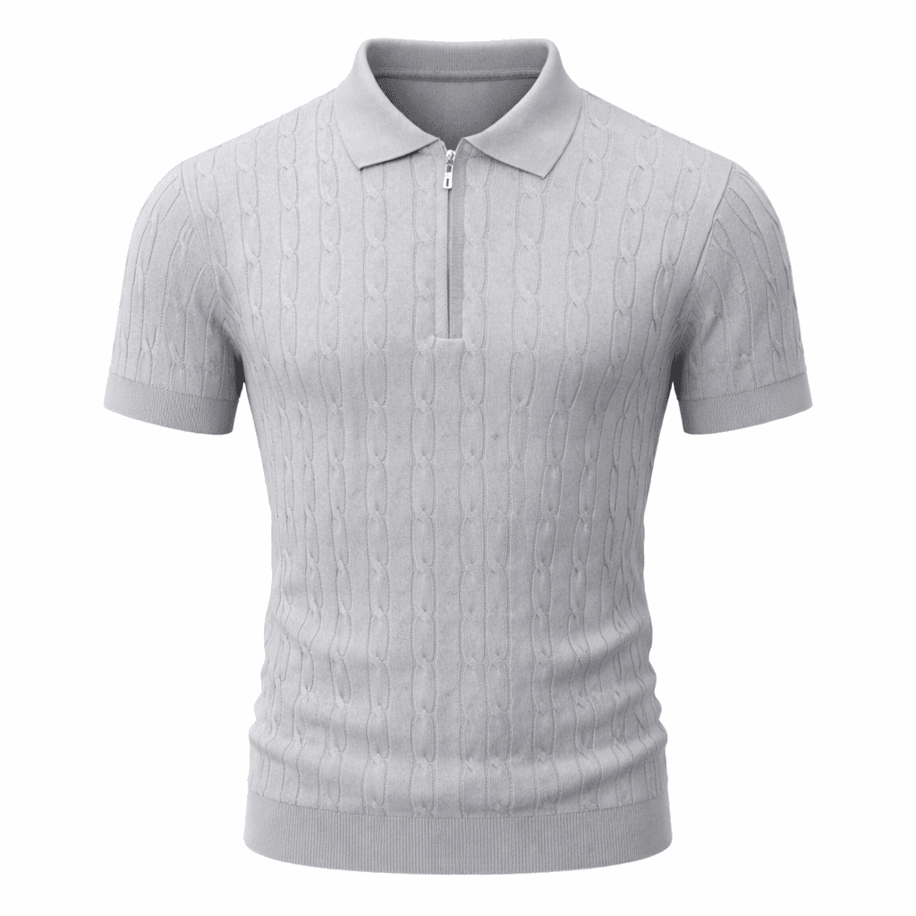 Erkek Fermuarlı Saç Örgü Triko Polo Tişört Gri