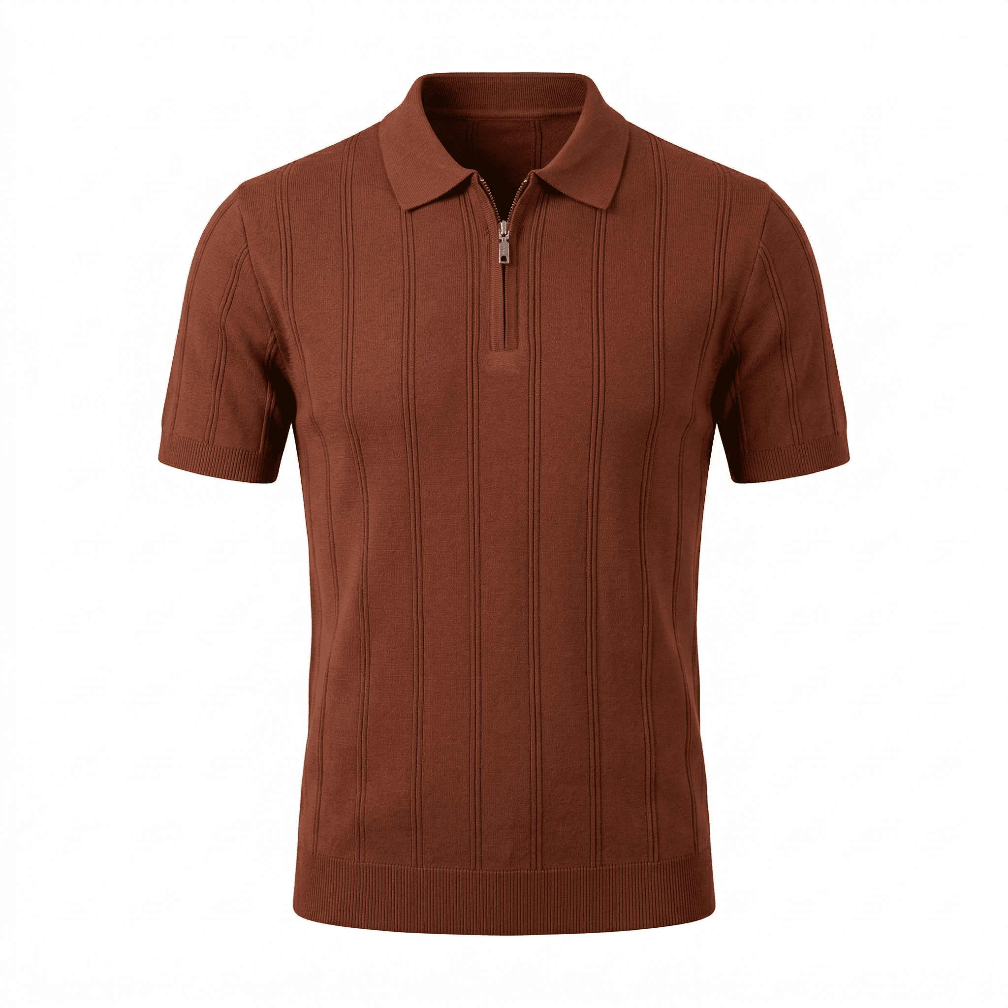 Erkek Fermuarlı Fitilli Triko Polo Tişört Kahverengi