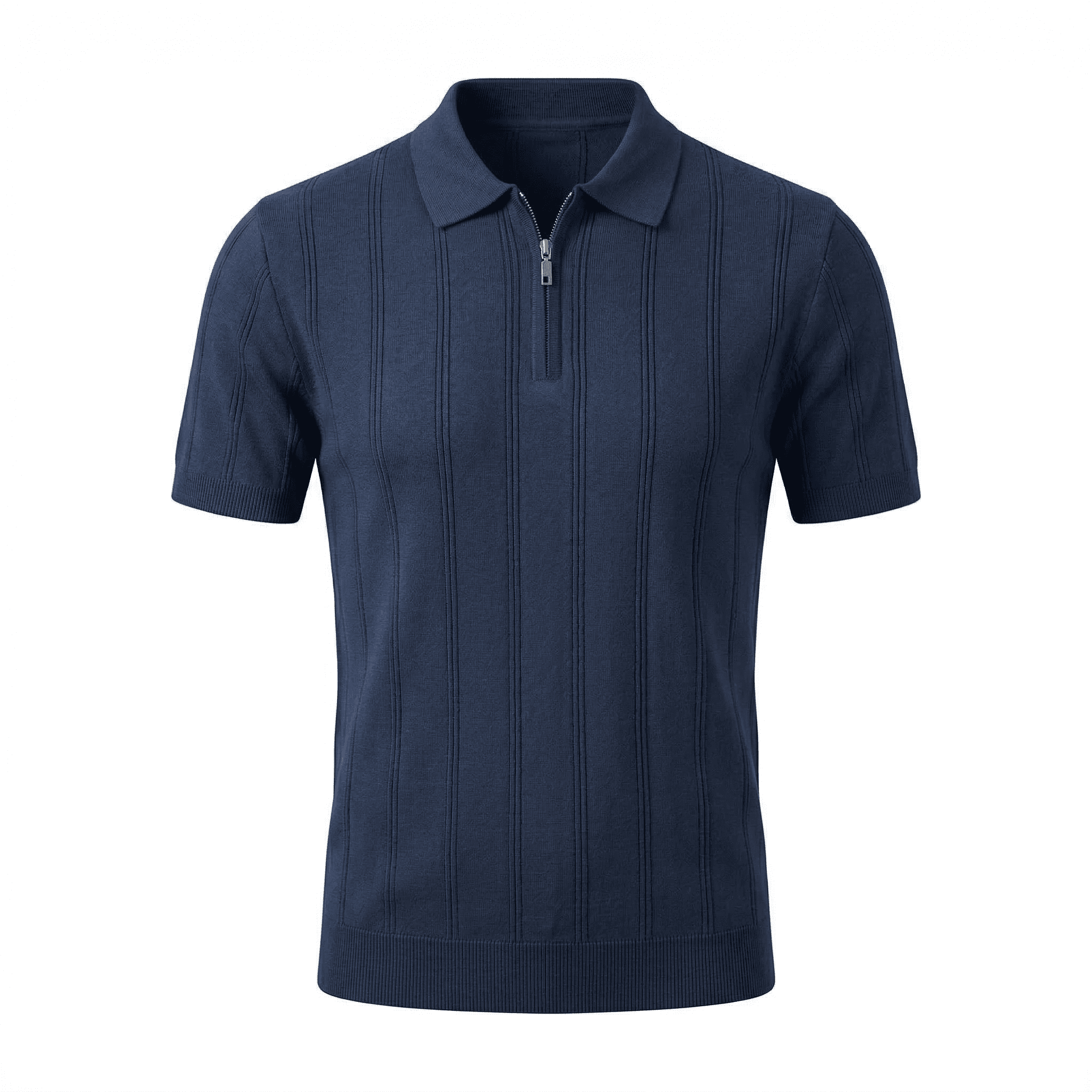 Erkek Fermuarlı Fitilli Triko Polo Tişört Lacivert