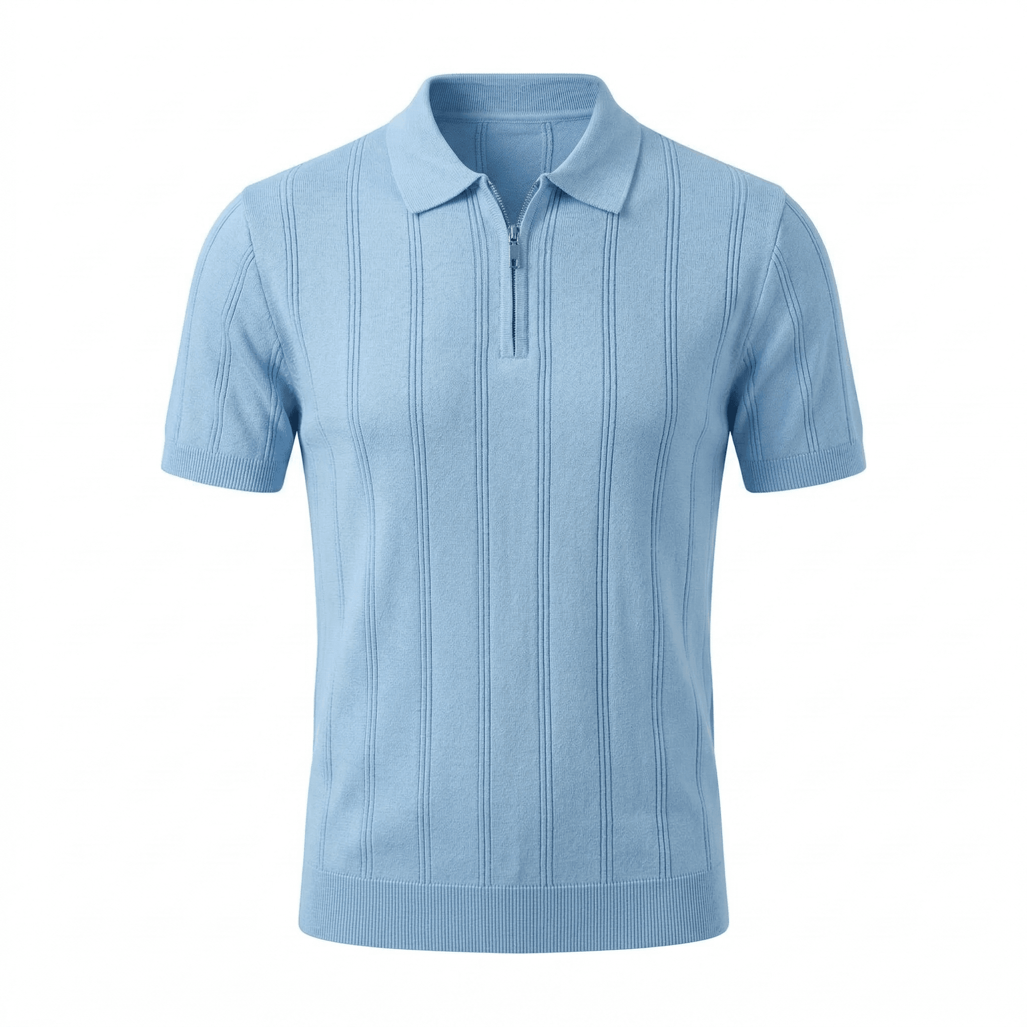Erkek Fermuarlı Fitilli Triko Polo Tişört Mavi