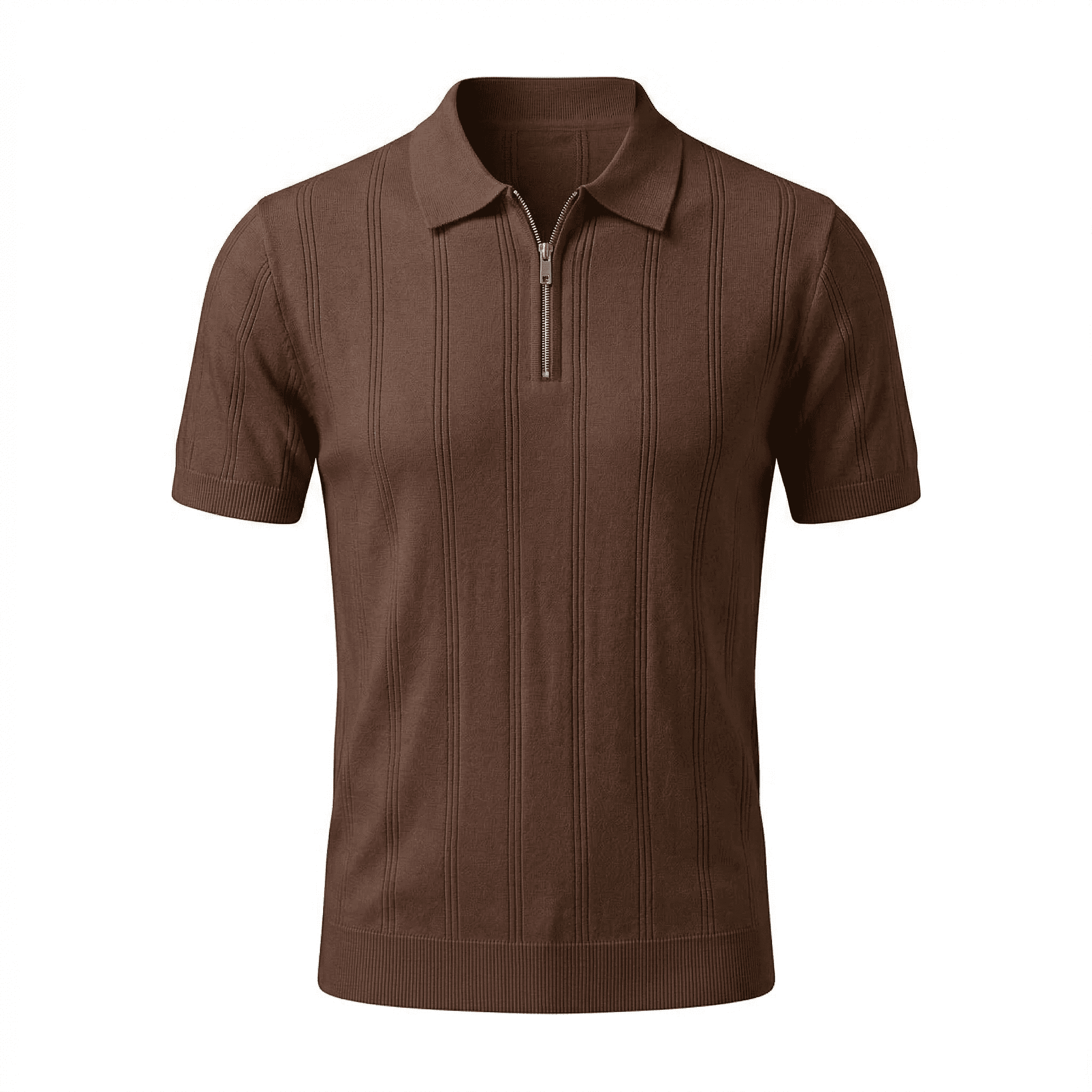 Erkek Fermuarlı Fitilli Triko Polo Tişört Koyu Kahverengi