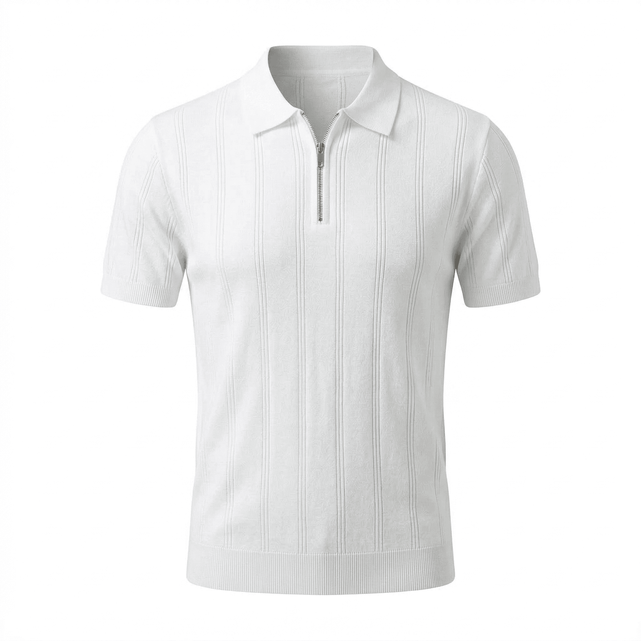 Erkek Fermuarlı Fitilli Triko Polo Tişört Beyaz