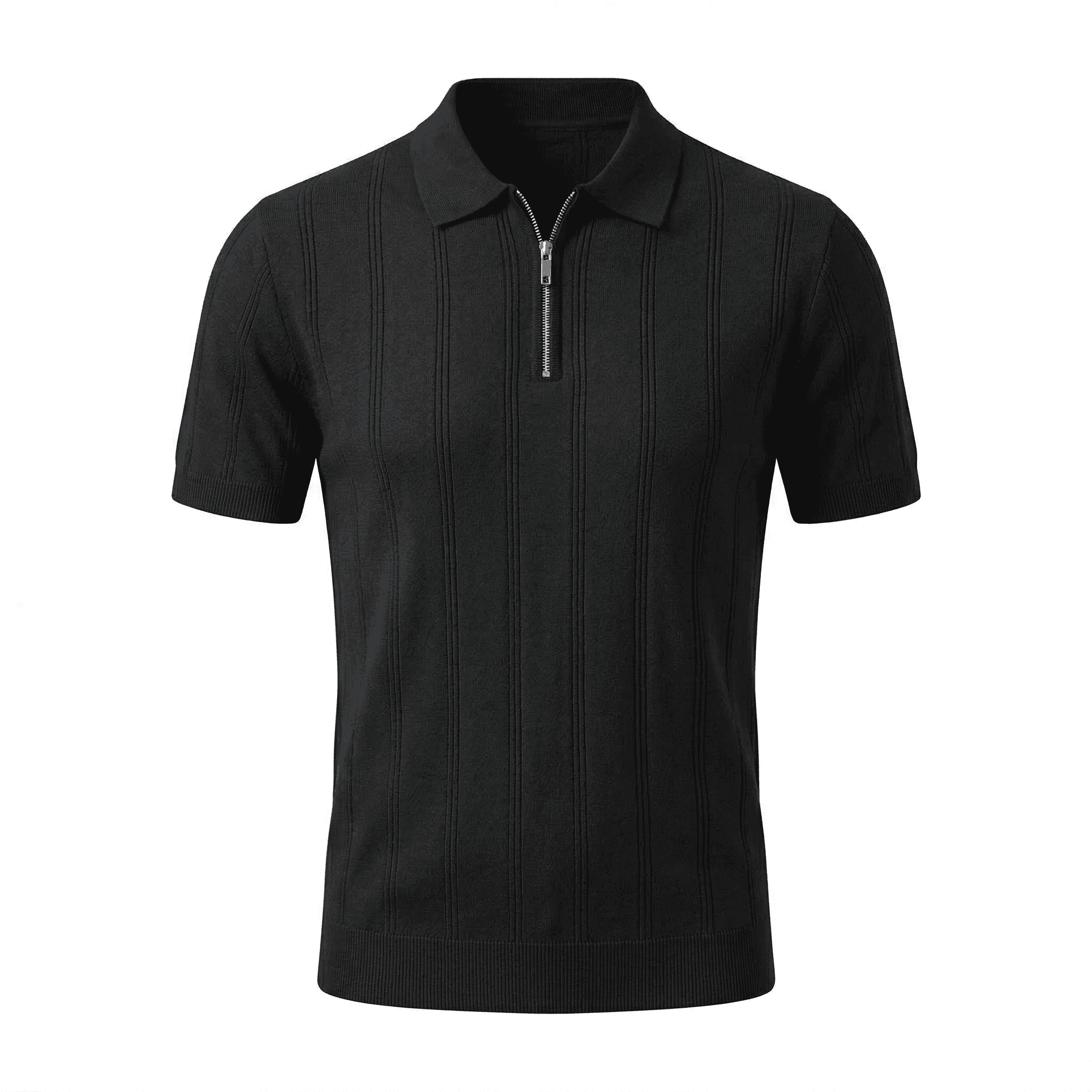 Erkek Fermuarlı Fitilli Triko Polo Tişört Siyah