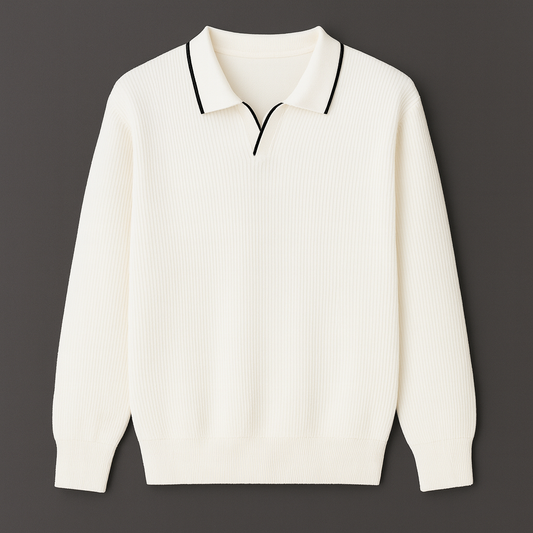 Erkek Şerit Detaylı Beyaz Polo Triko – M009