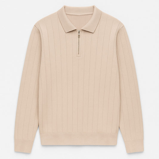 Erkek Yarım Fermuarlı Bej Polo Triko - M028