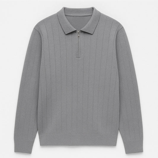 Erkek Yarım Fermuarlı Açık Gri Polo Triko - M026